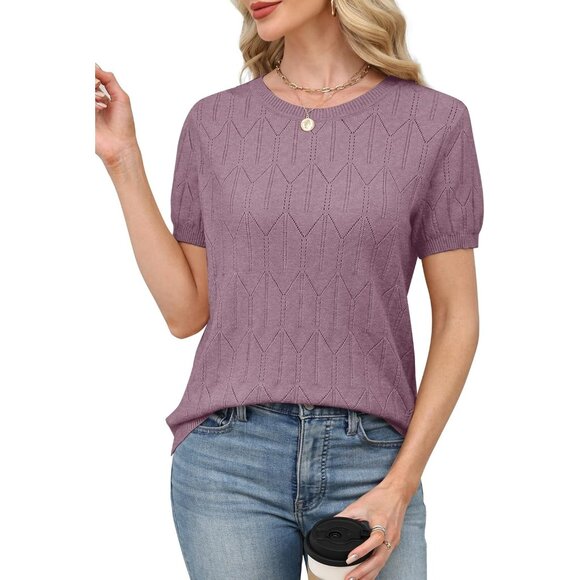 Women Short Sleeve Purple Sweater Round Neck Summer Work Beach Vacation Top - Picture 3 of 5